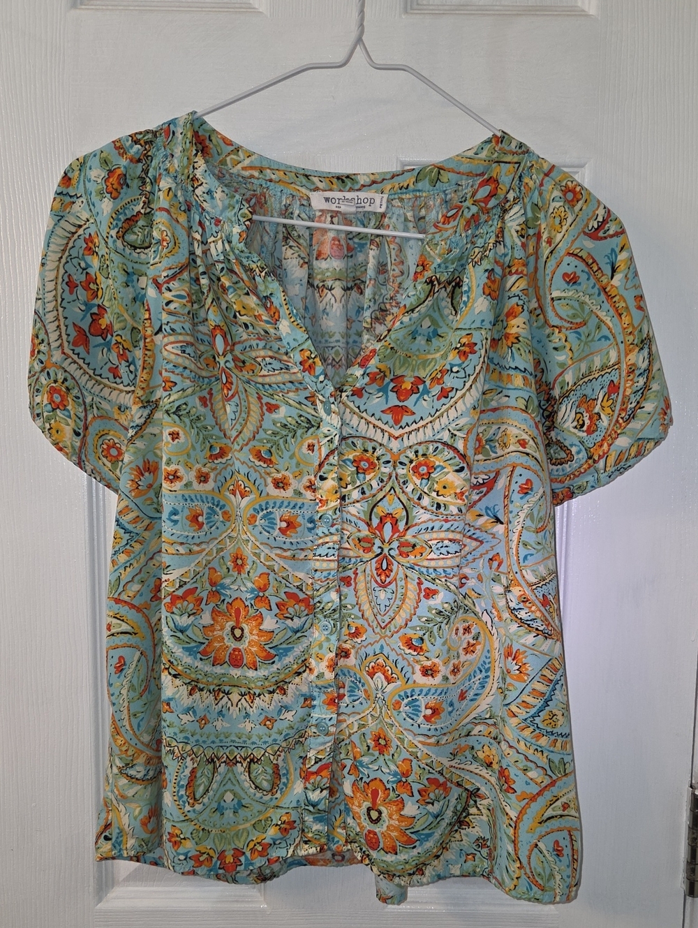 Workshop Republic Clothing Turquoise and Orange Paisley Button-Front Blouse